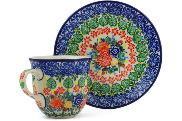 Polish Pottery 7 oz Cup with Saucer Red Bouquet UNIKAT