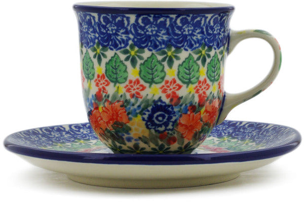 Polish Pottery 7 oz Cup with Saucer Red Bouquet UNIKAT