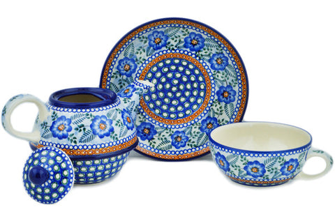 Polish Pottery 22 oz Tea Set for One Blue Poppy Circle UNIKAT