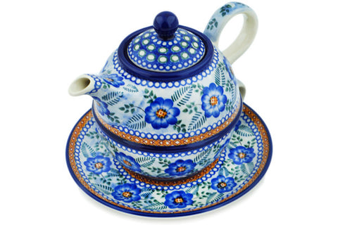 Polish Pottery 22 oz Tea Set for One Blue Poppy Circle UNIKAT