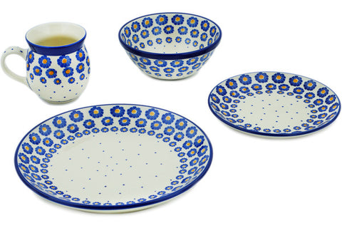 Polish Pottery 4-Piece Place Setting Blue Zinnia