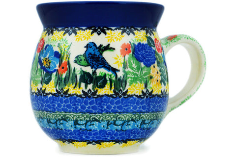Polish Pottery 16 oz Bubble Mug Blue Bird Delight UNIKAT