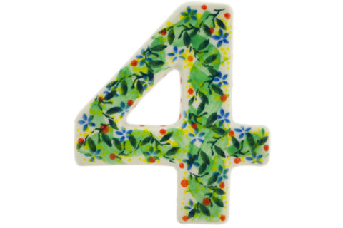 Polish Pottery 4-inch House Number FOUR (4) Yellow Garden UNIKAT
