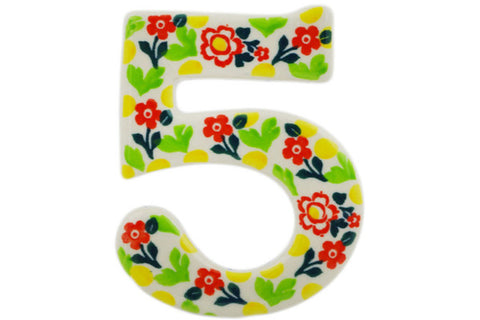 Polish Pottery 4-inch House Number FIVE (Five) Floral Puzzles UNIKAT