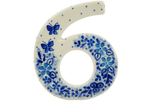 Polish Pottery 4-inch House Number SIX (6) Delicate Blue UNIKAT