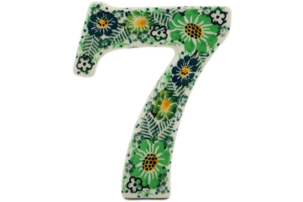 Polish Pottery 4-inch House Number SEVEN (7) Green Wreath UNIKAT