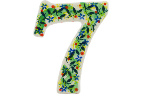 Polish Pottery 4-inch House Number SEVEN (7) Yellow Garden UNIKAT