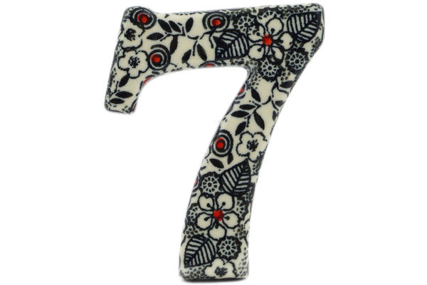 Polish Pottery 4-inch House Number SEVEN (7) Classic Black And White UNIKAT