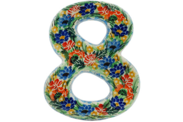 Polish Pottery 4-inch House Number EIGHT (8) Dream Bouquet UNIKAT