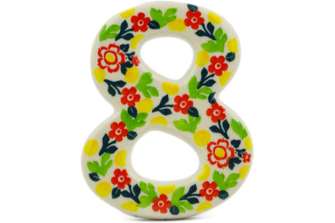 Polish Pottery 4-inch House Number EIGHT (8) Floral Puzzles UNIKAT