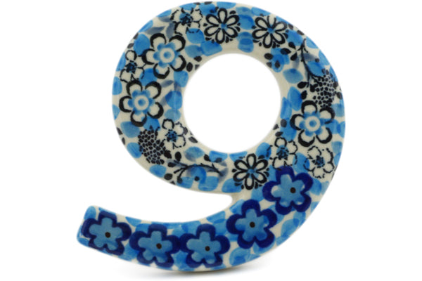 Polish Pottery 4-inch House Number NINE (9) Out Of Blue UNIKAT