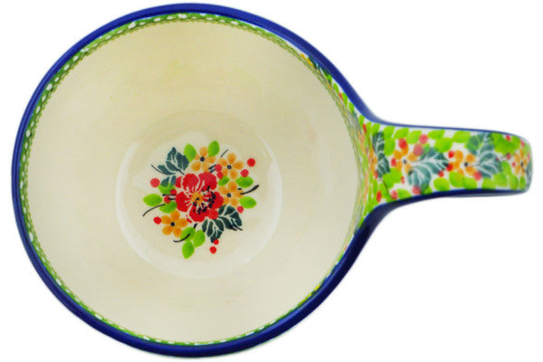 Polish Pottery 16 oz Bowl with Loop Handle Red Flora On Green Daisy UNIKAT