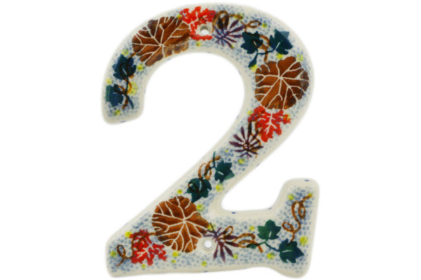 Polish Pottery 4-inch House Number TWO (2) Autumn Falling Leaves UNIKAT