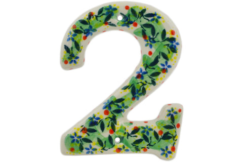 Polish Pottery 4-inch House Number TWO (2) Yellow Garden UNIKAT