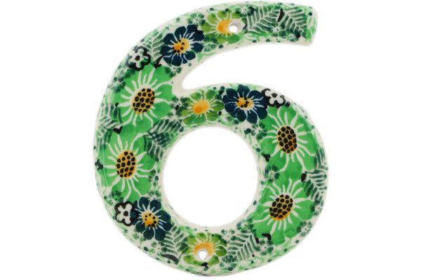 Polish Pottery 4-inch House Number Six (6) Green Wreath UNIKAT