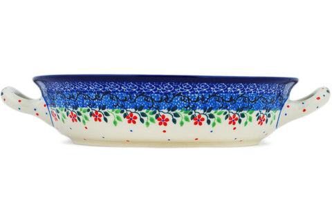 Polish Pottery Medium Round Baker with Handles A Flower Fairytale UNIKAT