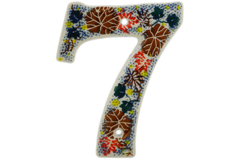 Polish Pottery 4-inch House Number SEVEN (7) Autumn Falling Leaves UNIKAT