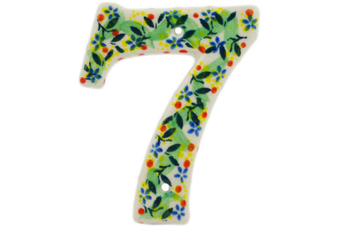 Polish Pottery 4-inch House Number SEVEN (7) Yellow Garden UNIKAT
