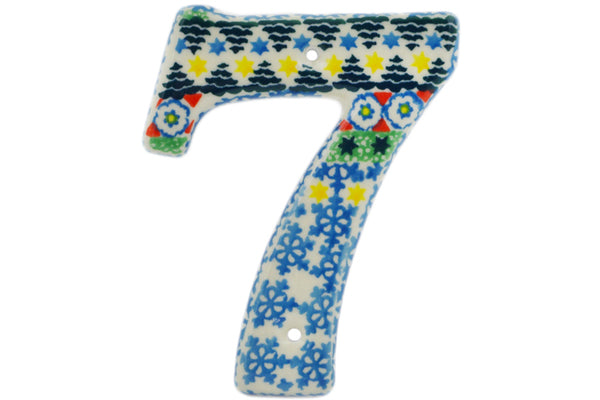 Polish Pottery 4-inch House Number SEVEN (7) Christmas Forest UNIKAT