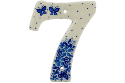 Polish Pottery 4-inch House Number SEVEN (7) Delicate Blue UNIKAT