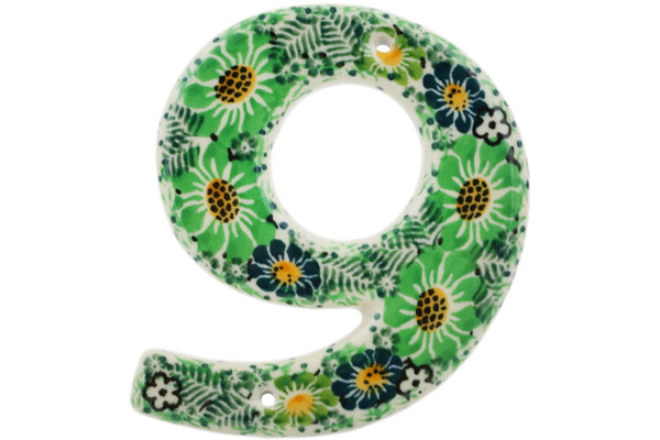 Polish Pottery 4-inch House Number NINE (9) Green Wreath UNIKAT