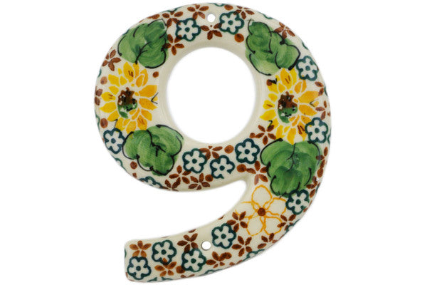 Polish Pottery 4-inch House Number NINE (9) Country Sunflower UNIKAT