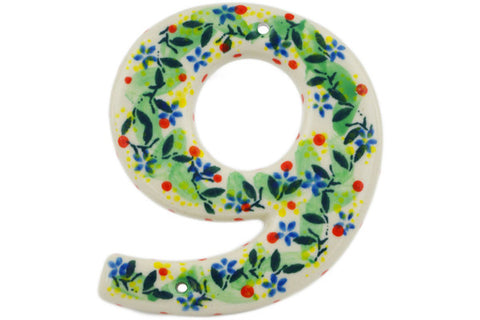 Polish Pottery 4-inch House Number NINE (9) Yellow Garden UNIKAT