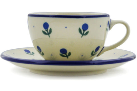 Polish Pottery 7 oz Cup with Saucer Blue Buds