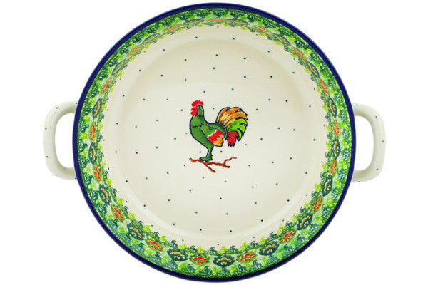 Polish Pottery Medium Round Baker with Handles Rooster's Crow UNIKAT