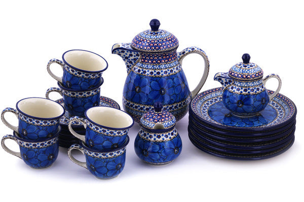 Polish Pottery 51 oz Tea or Coffee Set for Six Cobalt Poppies UNIKAT