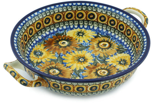 Polish Pottery Medium Round Baker with Handles Autumn Chrysanthemums UNIKAT