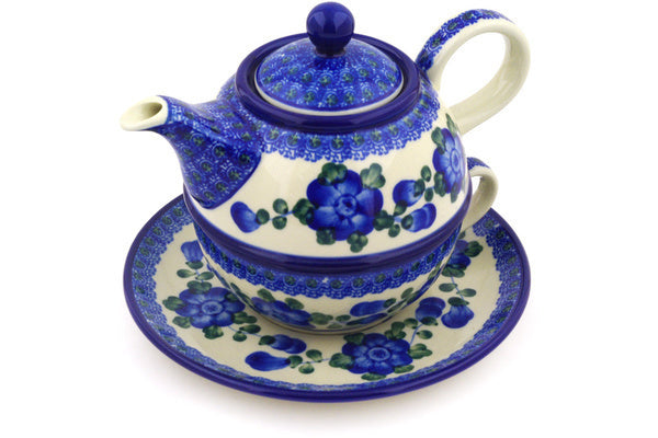 Polish Pottery 22 oz Tea Set for One Blue Poppies