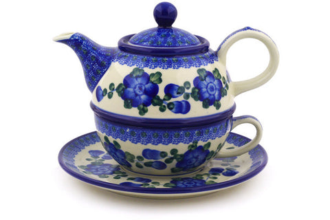 Polish Pottery 22 oz Tea Set for One Blue Poppies