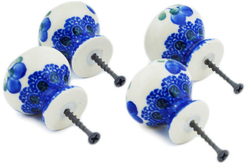 Polish Pottery Set of 4 Drawer Pull Knobs Blue Poppies